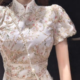 Vintage Floral Dress Women Puff Sleeve Split Design Midi Dress Female Korean One-piece Dress Summer Women's Clothing