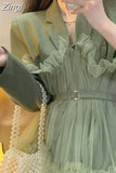 Mini Mesh ruffle Dress Women Korean Long Sleeve Casual Office Ladies Dresses Modis Green 2023 Spring pleated Dress