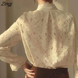 Shirts Women Temperament French Vintage Stand Collar Long Sleeve Casual Office Lady All-match Tops Elegant Autumn