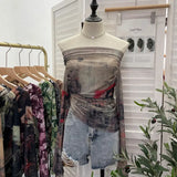 Vintage Graffiti-Printed Shoulder-Threin Mesh Long-Sleeved Blouse Side Drawstring Tethered With Slime T-Shirt