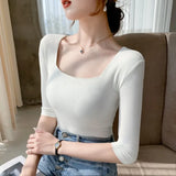 Sleeve Square Collar Slim Cotton T-shirt Tee Girls Solid Summer Basic High Elasticity Tshirts Crop Tops For