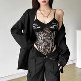 Zingj 2024 New Women's Urban Charm Personality Text Embellished With Pure Color Lace Jumpsuit-Outfit