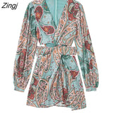 Women Vintage V Neck Cashew Nuts Floral Print Chiffon Mini Dress Female Chic Long Sleeve Twist Hollow Out Vestidos