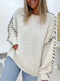 Leisure Pure Color Round Collar Knitted Shirt Wear Rope Design Loose Lanky Long Sleeve Sweater Female