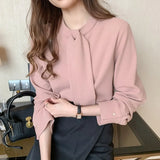 Spring New Loose Long Sleeve Women's Shirt Pink Office Lady Fashion Women Tops and Blouse with Bow Korean Blusas