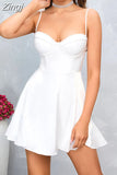Elegant Spaghetti Strap A Line White Dress Sexy Beading Birthday Party Dresses with Pads Casual Summer Dresses