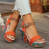 New Leisure Slope And Embroidery High Heel Sandals Women Buckle With Toe Thick-Soled Women's