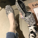Women's shoes new spring and autumn shoes shallow mouth set of flat shoes women's bean shoes women's sequins single shoe