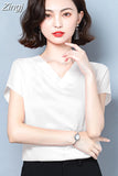 Lady Solid V-neck Blouse Women Summer 2023 Short Sleeve Casual Silk Satin Shirts Casual M-4XL Loose Tops Clothes