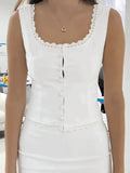 White Lace Trim Button Front Tank Top-Outfit