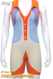 Color Match Knitted Playsuits Women Casual Fashion V Neck Sleeveless Turn Down Collar Button Up Outfits Bodycon