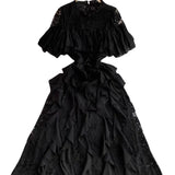 Women's Summer Design Sensing Splicing Round Collar Horn Sleeves To Close The Waist Thin Lace Lotus Side