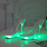 Zingj 34-43 Sexy Super High Heels Luminous Thin Heel Waterproof Platform Sandal Transparent Model Crystal Shoes Wedding