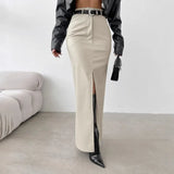 Zingj Women's Wear 2024 Leather Design Sense Open Fork Solid Color High Waist Simple Leather Slim Body