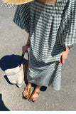 Women Puff Sleeve Plaid Dress Korea New Fashion Ladies Womens Casual Loose Dresses Woman Long