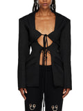 Zingj Spring Fashion Sexy V-Shaped Tie Hollow Out Waist Irregular Splicing Design Sense Suit Jacket