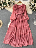 Women Draped Long Dress Vintage V-Neck Lantern Sleeve High Waist A-Line Pleated Maxi Vestidos Purple/Red/Blue Robe