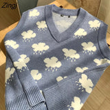 Vest Women Retros Fashion Cute Clouds Printed V-neck Korean Style Loose Sleeveless All-match College Student