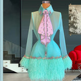 Cocktail Dresses Sheath Long Sleeves Short Mini Tulle Beaded Feather Homecoming Dresses Haute