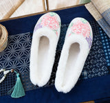 Zingj Single Slippers / Cotton Slippers Linen Peony Embroidered Round Head Flat Cloth Shoes Sandals Embroidered Women's