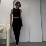 Zingj New 2024 Summer Sleeveless Vest Jacket High Waist Straight Leg Pants Solid Color Two-Piece Set-Outfit