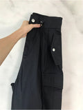 Women Casual Wide Leg Cargo Pants Vintage Low Waist Drawstring Joggers Tech Pants Solid Button Hippie Streetwear Baggy
