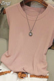 Ice Silk Knitted Vest Gym Tank Top Women Round Neck Thin Sleeveless Shirt Summer wide shoulder Loose Blusas 4588