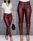 Women's Pants Solid Color PU Leather Pants Sexy Small Foot Pants Spicy Trousers High Waist