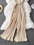 Notched Collar Draped Rompers For Women Casual Sleeveless High Waist Wide Leg Playsuits Female Beige/Green Jumpsuit