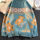 Vintage Bear Sweater Women Harajuku Kawaii Loose Oversized Knitted Pullover Men High Street Couple Sweaters Casual