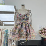 Summer Beautiful Age-Depered Printing Eugen Yarn Strap Shoulder Strap Ponpong Cake Dress Short