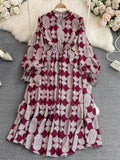 Vintage Women Printed Dress Female Elegant Stand Collar Lantern Long Sleeve High Waist A-Line Midi Vestidos New