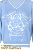 Skulls Blue Knitted Sweaters for Women Fashion Winter Tops Oversized Jumper V Neck Long Sleeve Pullovers Halloween
