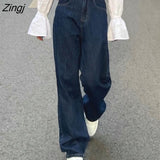 Women Fashion Vintage Solid Navy Wide Leg Full Length Elegant Streetwear High Waist Korean Style Party Female Girls