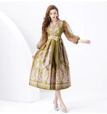Famous Woman On Holiday Wrapped With V-Neck Lantern Sleeve Long Retro-Print Dress Elegant