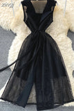 Black/White Hollow Out Lace Dress Women Sexy Notched Collar Sleeveless High Waist A-Line Vestidos Elegant 2023