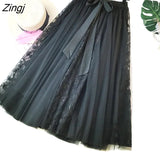 Tulle Pleated Skirt Women Sweet Korean Bow Lace Up Long Skirt Female Spring A-Line Elastic High Waist Skirt Faldas