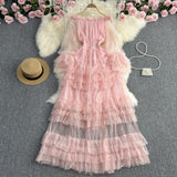 Zingj Super Fairy One Word Shoulder To Shoulder Waist Show Thin A Word Flounce Cake Gauze Dress Elegant
