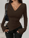 And Summer New V-Neck Open Shoulder Two-Wear Design Embody Wrinkles Irregular Long-Sleeved