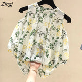Off Shoulder Women Blouse Spring Summer Short Sleeve OL Chiffon Shirt Streetwear Vintage Print Hollow Out Top Mujer De