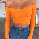 Women's Long Sleeve T-shirt Summer Fashion Casual Sexy Off Shoulder Solid Color Umbilical Exposure Sexy