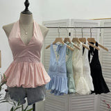 Retro Hanging Neck Tie With Bare Back Sling Skirt Folded Short Sleeveless Top Woman