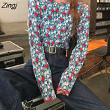 Women Floral Vintage Long Sleeve Basic Chic All-match Tee Folds O-neck Female Retro Tops Spring Autumn Chiffon
