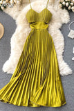Sexy Spaghetti Strap Dress Women Elegant Hollow Out High Waist Pleated Vestidos Female Party Robe New