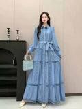 High-End Retro Collar Single Buckle Lantern Sleeve Dress Women's Hollow Lace To Receive Long Waist