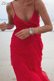 Elegant Women Sleeveless Strap Ruffle Sling Long Dress 2023 V-neck Summer Beach Side Split Party Evening Vestido