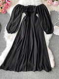 Women Slash Neck Long Sleeve Midi Dress Female Yellow/Red/Pink High Waist Ruffle Big Swing Chiffon Robe Fashion 2023