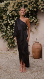 Zingj Years Sexy Inclined Shoulder Closed Waist Lace Satin Lantern Sleeve Dress Women's
