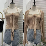 Shooting Pure Lust Style Set Hanging Neck Lace Hollow Sling Sling Vest + Short Lotus Leaf Side Shirt