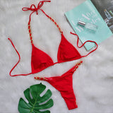 Zingj New Sexy Thong Bikini Metal Chain Rope Swimsuit Split Band Solid Color Women's